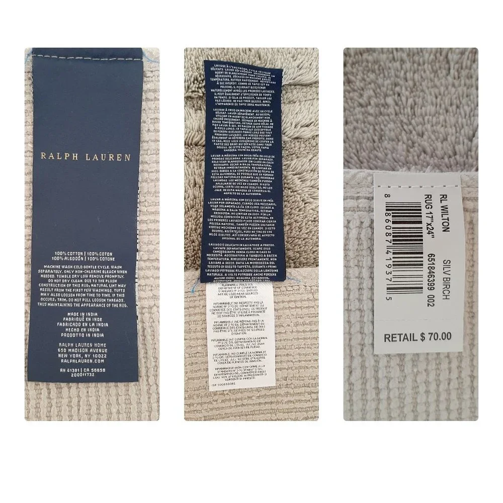 RALPH LAUREN Wilton Bath RUG Mat 17 x24 Silver Birch Light Grey 100% COTTON